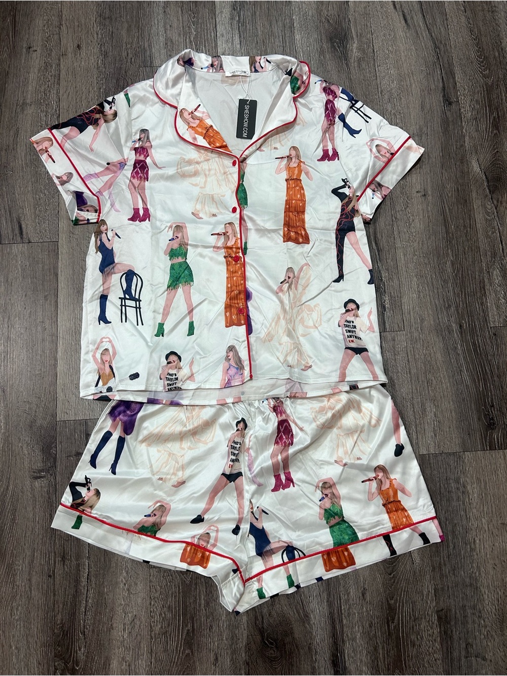 Graphic Taylor Swift Silky White Short Pajama Set with Multicolor Print